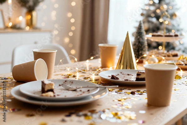 Fototapeta Cozy home after holiday party with scattered paper cups, glitter confetti, empty dessert plates and warm festive clutter creating authentic celebration aftermath