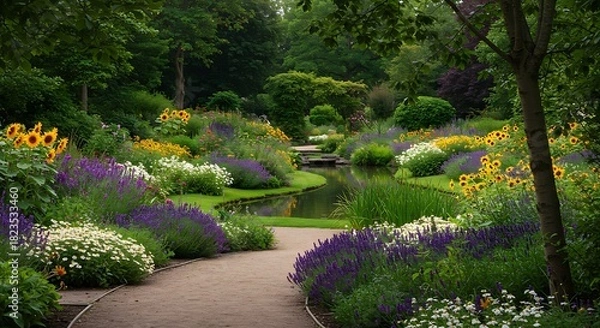Fototapeta Lush garden path with vibrant flowers, a meandering stream, and verdant trees in sunlight