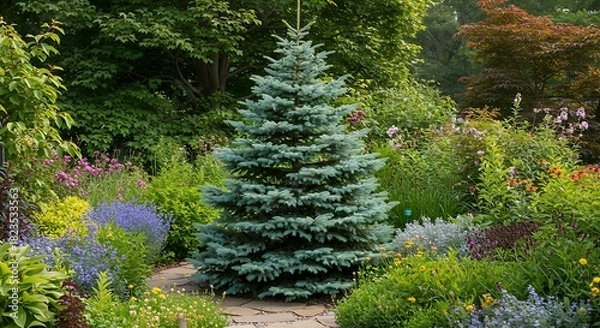 Fototapeta Lush garden path leads to vibrant flowerbeds with a majestic blue fir tree