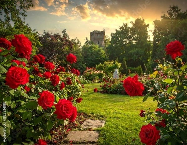 Fototapeta Lush garden view with vibrant red roses, pathways, and a distant tower under a sunset sky