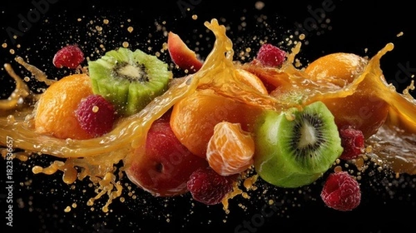 Fototapeta A refreshing splash of water over a vibrant assortment of fresh fruits