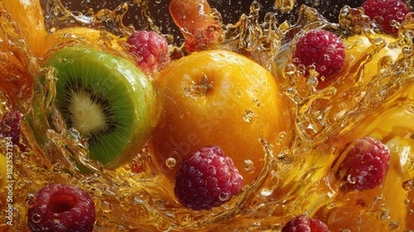 Obraz Assorted fruits splashing in juice against a vibrant yellow orange backdrop