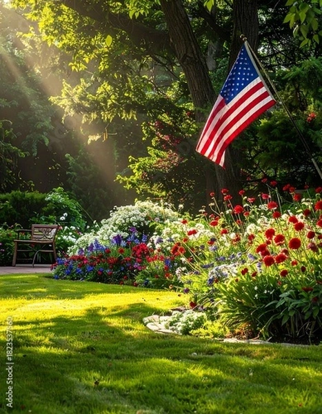 Fototapeta Lush garden with vibrant flowers, an American flag, and sun rays piercing through trees