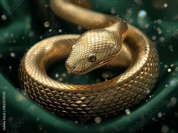 Fototapeta Golden Coiled Snake with Gem-like Eyes on Emerald Fabric