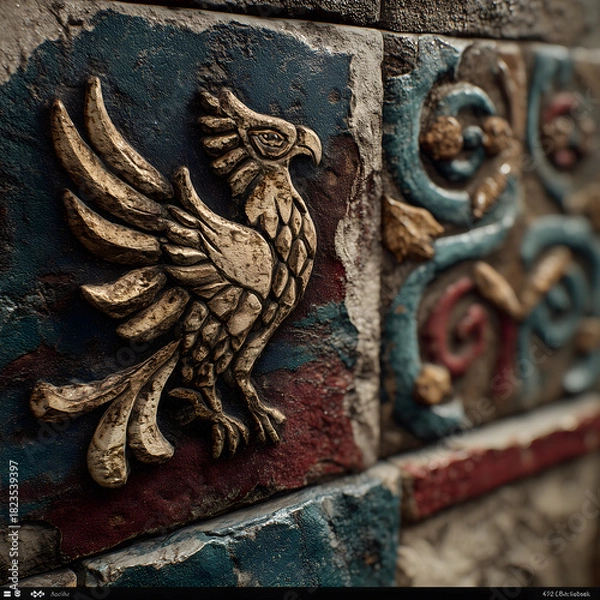 Obraz Detailed close-up of ornate decorative wall relief featuring a sculpted golden bird with textured wings on weathered stone tiles, rich colors, artistic craftsmanship and intricate carved ornamental pa