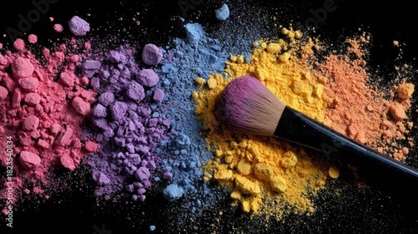 Obraz A makeup brush resting on colorful powder against a black background view