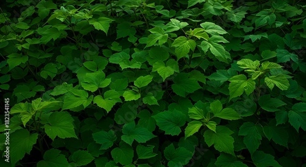 Fototapeta Lush green foliage forms a dense, textured backdrop, highlighting natural growth and vibrant hues