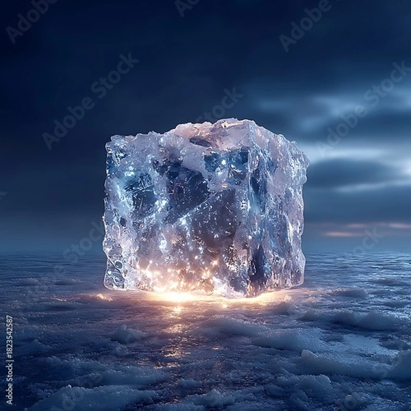 Obraz Glowing Ice Cube Floating Above Water at Night with Dramatic Sky.