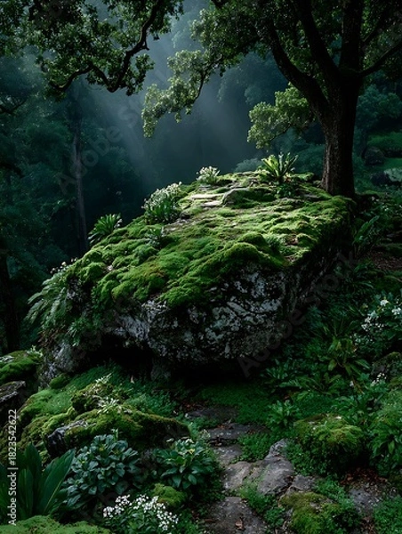 Obraz Mossy Rock in a Lush Green Forest Landscape.