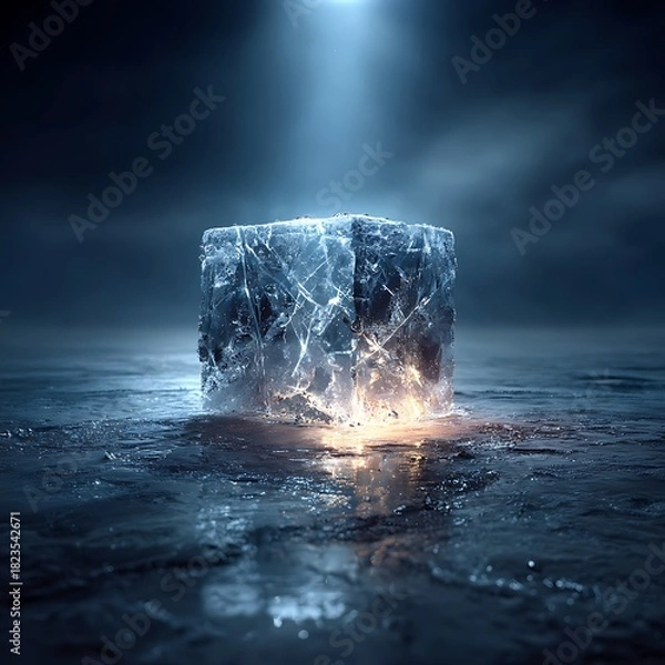 Obraz Mysterious Luminous Crystal Cube Emerging from Dark Water with Ethereal Glow.