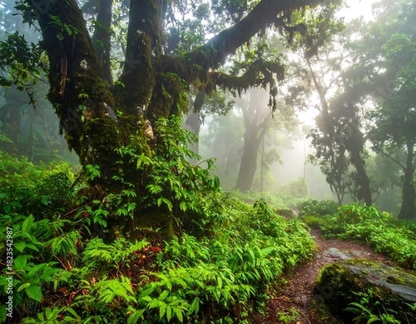 Fototapeta Lush green forest scene with trees, ferns, and a path, misty sunlight filtering through
