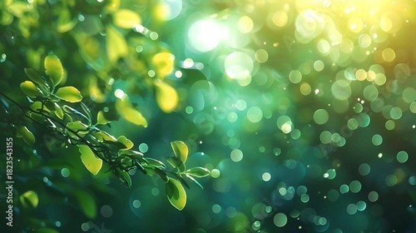 Obraz Vibrant green leaves basking in warm golden sunlight with beautiful bokeh.