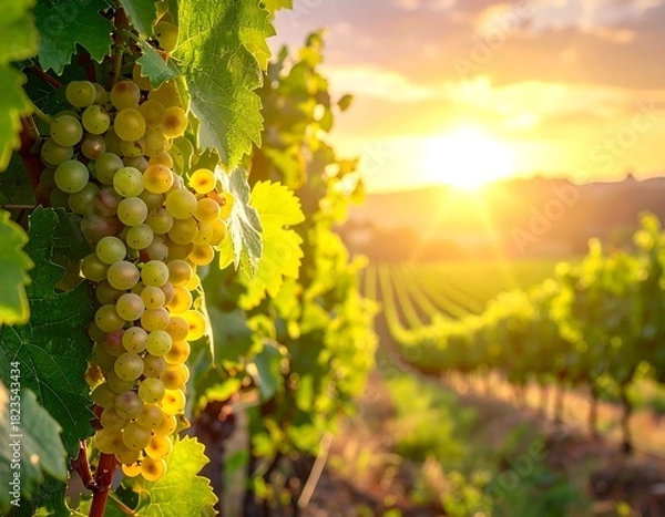 Fototapeta Lush green grapes hang on a vine in the warm light of sunset over vineyard rows