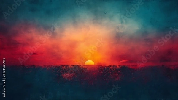 Obraz Vibrant sunset over the horizon with colorful clouds and a glowing sun.