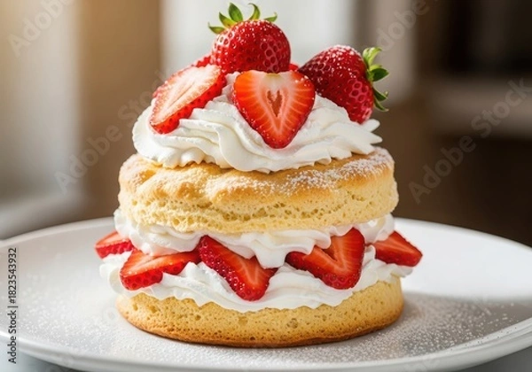 Fototapeta Delicious strawberry shortcake dessert with whipped cream and fresh fruit on a plate
