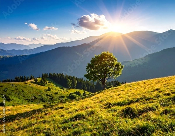 Fototapeta Lush green grassy hill featuring a single tree and multiple mountain ranges under a bright sun