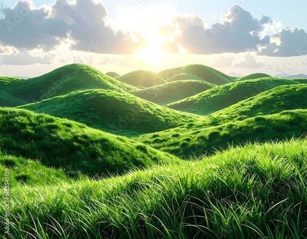 Fototapeta Lush green hills bask in sunlight, fluffy clouds drifting above the vibrant, grass-covered landscape