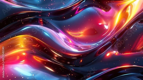 Obraz Vibrant Abstract Liquid Flowing Waves with Neon Lights and Stars.