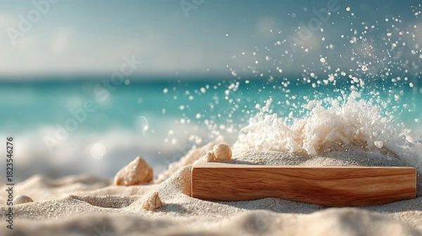 Obraz Wooden podium on sandy beach with ocean waves and water splashes.