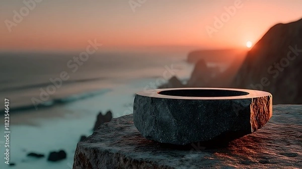 Obraz Mysterious stone bowl on a cliff overlooking a vibrant sunset ocean.