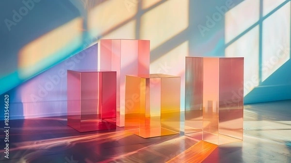Obraz Vibrant Light Play on Translucent Rectangular Blocks Creating Colorful Reflections and Shadows.