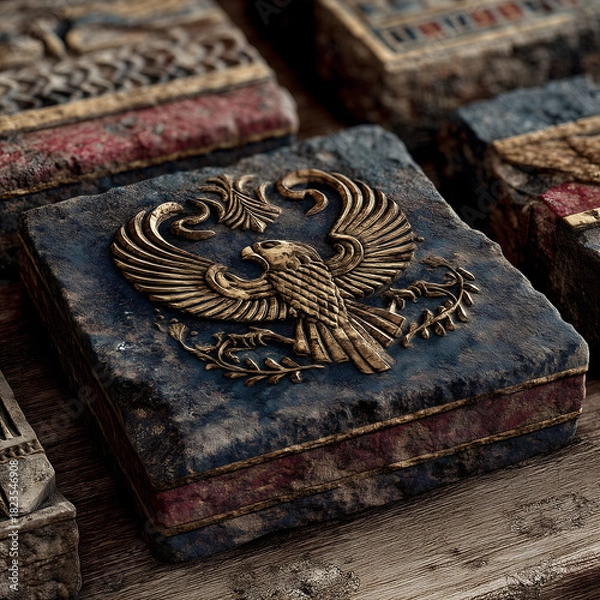 Obraz Ancient decorative stone box with embossed golden eagle emblem, weathered textured surface, antique craftsmanship, detailed carved ornament, historical artifact design, vintage artistic relief decorat