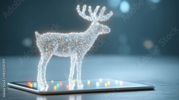 Fototapeta A sparkling, illuminated deer figure stands on a tablet, blending technology and festive decoration in a modern, artistic display, Christmas hologram with AI