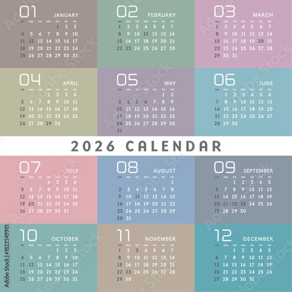 Obraz 2026年　カラフルなオシャレな年間カレンダー