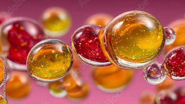 Obraz Vibrant abstract floating liquid bubbles in vivid glass-like spheres, colorful translucent droplets with orange and red tones, glossy smooth textures, modern macro artistic fluid background on soft gr