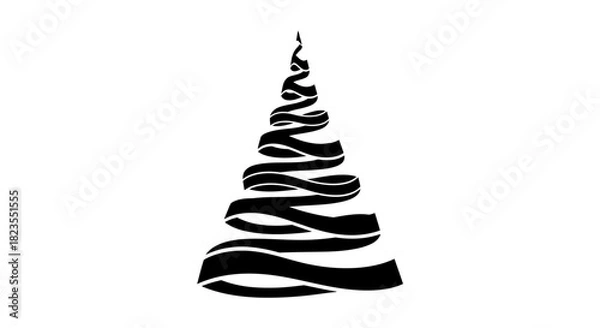 Fototapeta A modern, minimalist black and white Christmas tree icon formed by a single swirling, abstract ribbon on a white background.