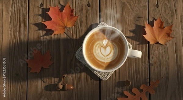 Fototapeta Overhead View of a Steaming Latte Coffee with Heart-Shaped Latte Art, Surrounded by Autumn Maple Leaves and Acorns on a Rustic Wooden Table in Sunlight