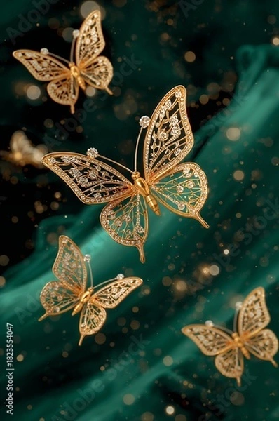 Fototapeta Luxurious Diamond-Studded Gold Butterflies on Dark Emerald Fabric