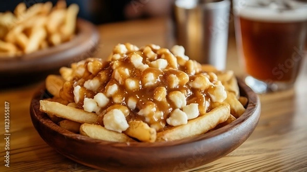 Obraz Canadian poutine fries cheese curds gravy wooden plate on bar counter no person shown