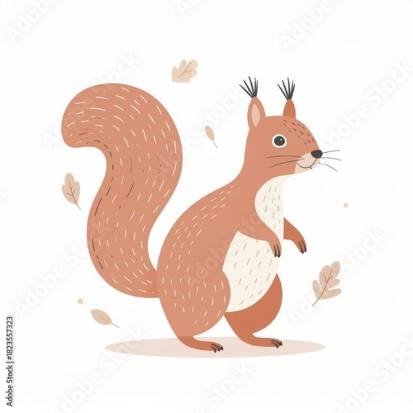 Obraz cartoon squirrel, minimalist flat hand-drawn lines, muted pastel colors, kids illustration style, white background