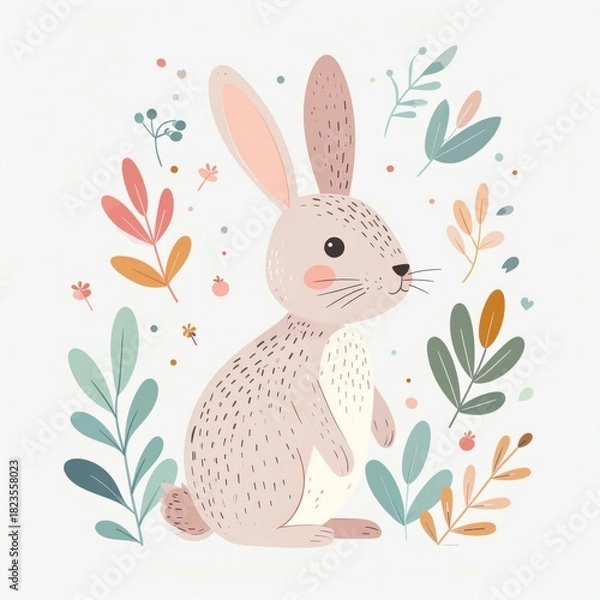 Obraz cartoon rabbit, minimalist flat hand-drawn lines, muted pastel colors, kids illustration style, white background