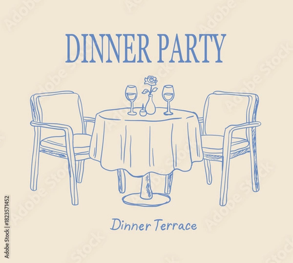 Obraz Hand drawn Dining table. Flower pot vector design t-shirt print. Dinner terrace artwork for apparel, sticar