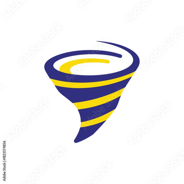 Fototapeta Blue and yellow striped tornado swirl logo icon, an abstract representation of a powerful cyclone vortex or dynamic storm energy