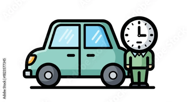 Obraz Cartoon Man with Clock and Car Illustration