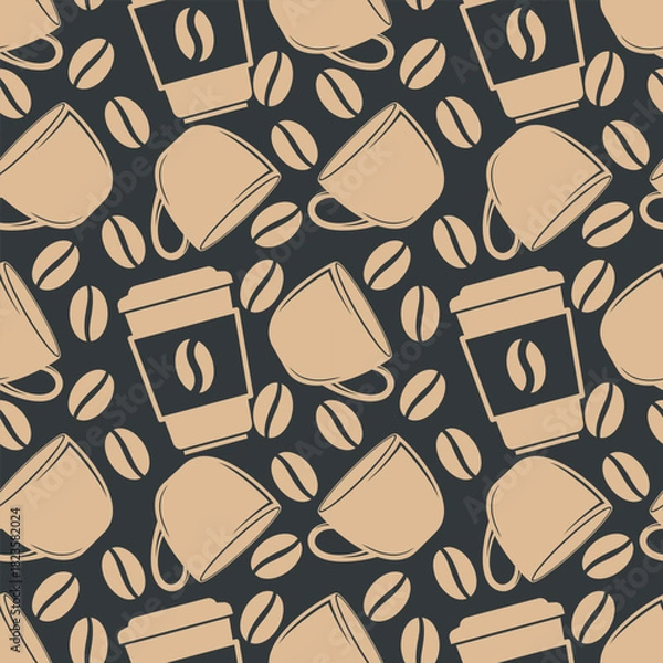 Fototapeta Coffee cup with coffee bean seamless pattern. Vector illustration