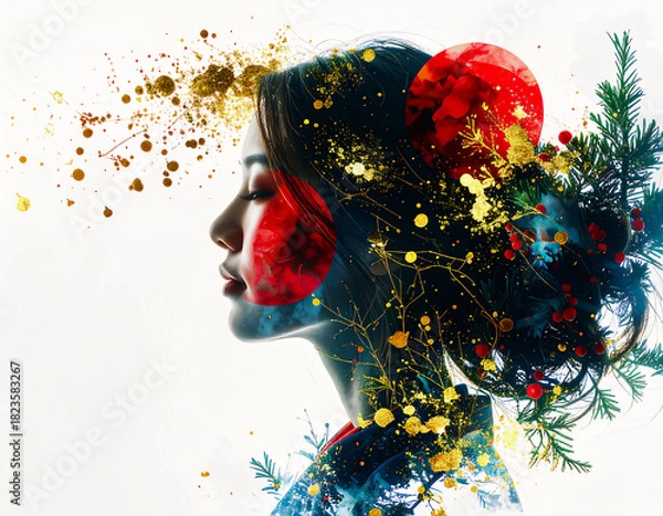 Fototapeta 横顔のシルエットに、針葉樹の緑と赤い実、そして金箔の飛沫が重ねられた多重露光アート。和の美意識とホリデーの華やかさが融合した、神秘的で生命力あふれるポートレート。