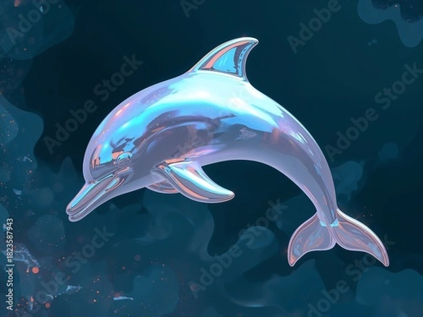 Fototapeta Crystal Glass Dolphin with Iridescent Highlights in Deep Ocean Background