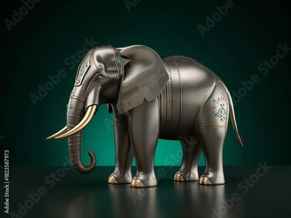 Fototapeta Metallic Elephant with Turquoise Inlays and Golden Details on Emerald Background