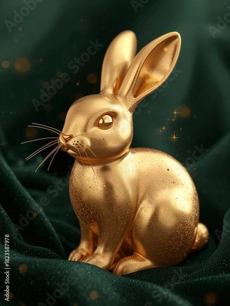 Fototapeta Golden Rabbit Figurine with Soft Sparkling Texture on Emerald Fabric Background