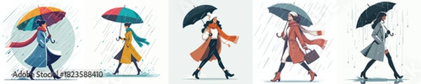 Obraz vector of woman walking with umbrella in the rain