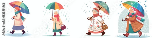 Obraz vector of grandmother walking with umbrella in the rain