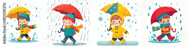Obraz vector of little boy walking with umbrella in the rain