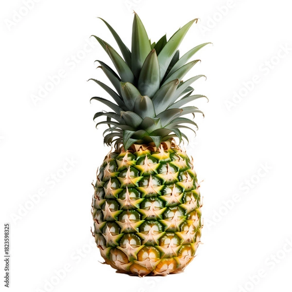 Obraz Fresh tropical pineapple with green crown and detailed skin texture isolated for food and summer design on transparent background
