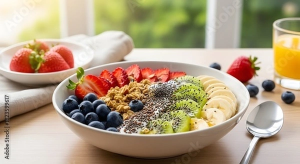 Fototapeta Healthy Breakfast Bowl with Yogurt, Granola, Sliced Strawberries, Blueberries, Kiwi, Chia Seeds, and Banana Slices, Served on a Wooden Table by a Bright Window