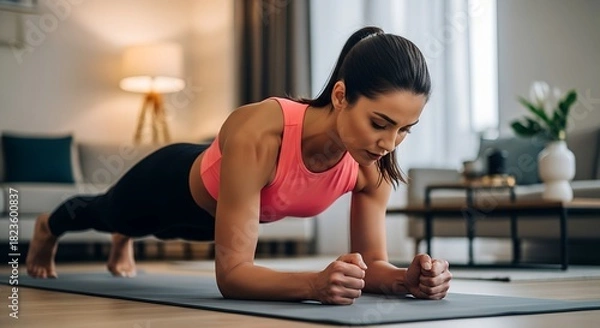 Obraz Woman exercising in plank position on yoga mat at home  