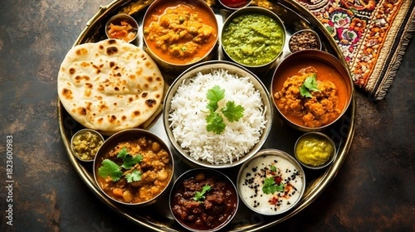 Obraz Authentic Indian thali curry bowls naan rice lentils chutneys brass utensils traditional textile background no faces